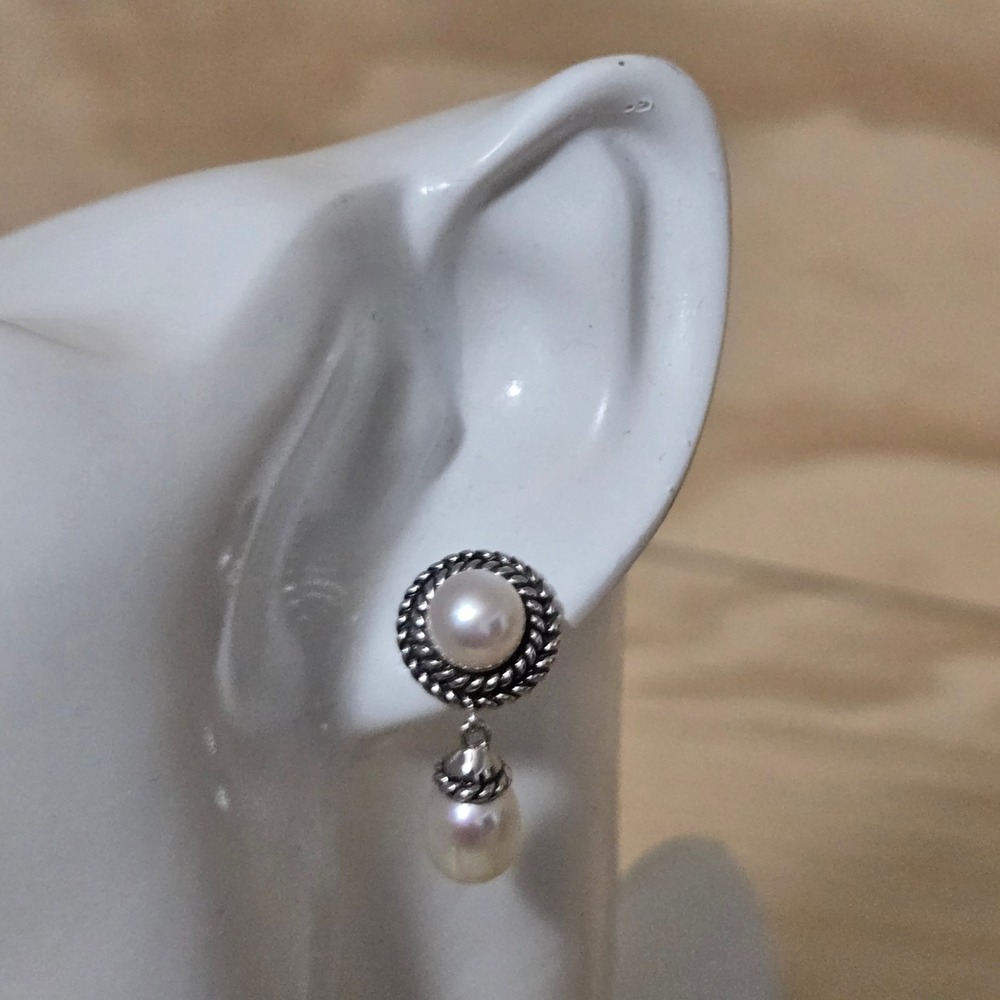 Honora Sterling Silver Rope Pearl Drop Earrings Vtg Bali Design 1"